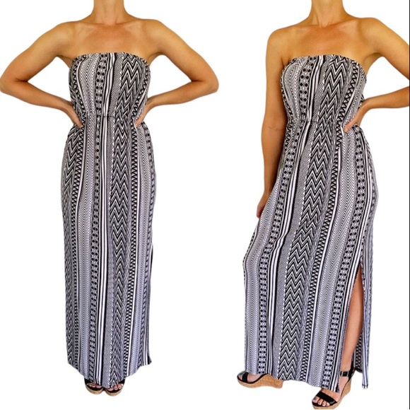 Soprano black and white strapless tribal stripe print maxi dress size medium - Picture 1 of 9